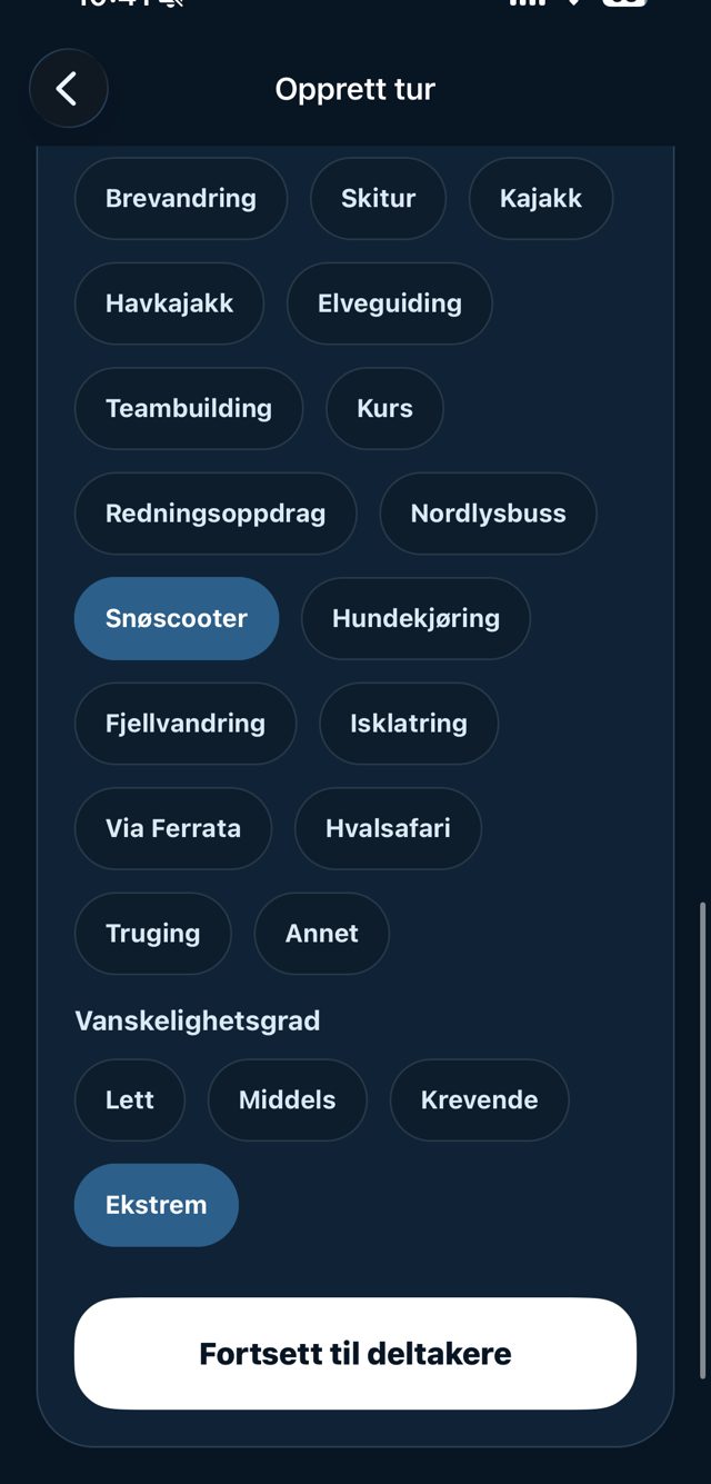 Opprett tur — velg blant 19 aktivitetstyper