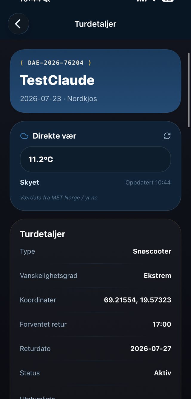 Aktiv tur — live vær, koordinater og forventet retur